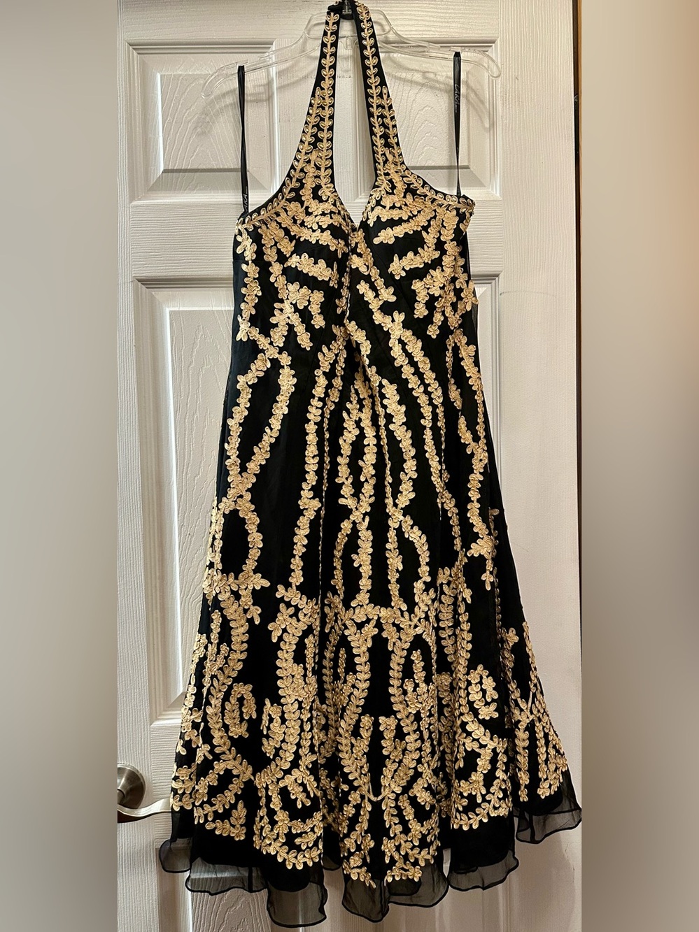 LARA Design Black with Gold Floral RicRac Motif 100% Silk Halter Swing Dress.